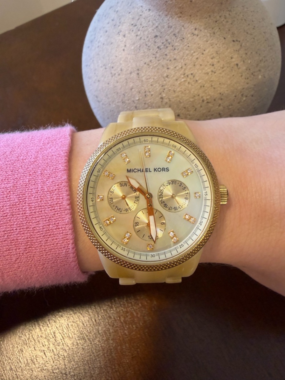 Michael Kors Gold and Cream Resin Chronograph Watch with Crystal Markers